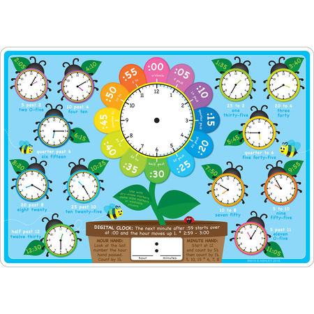 Ashley Productions Smart Poly Learning Mat, 12in. x 17in., Double-Sided, Telling Time 95018